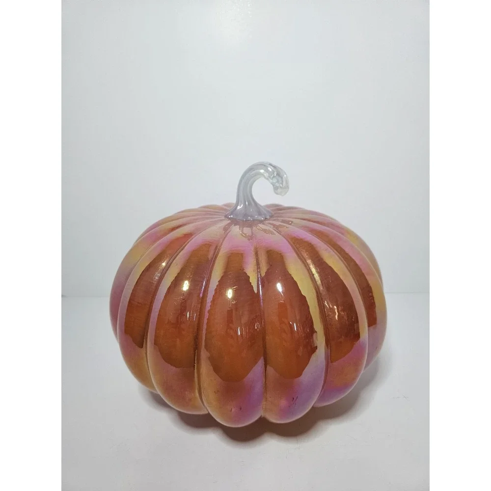 Orange Pink Iridescent Glass Pumpkin Light Up LED Amber Luster Fall Decor 8